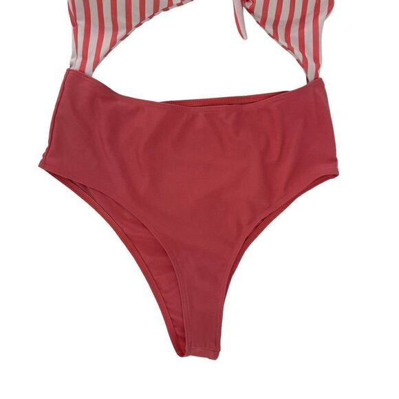 One Piece Swimsuit Cut Out Pink White Stripe V Neck Size M Preppy Swim Beach - Picture 5 of 8
